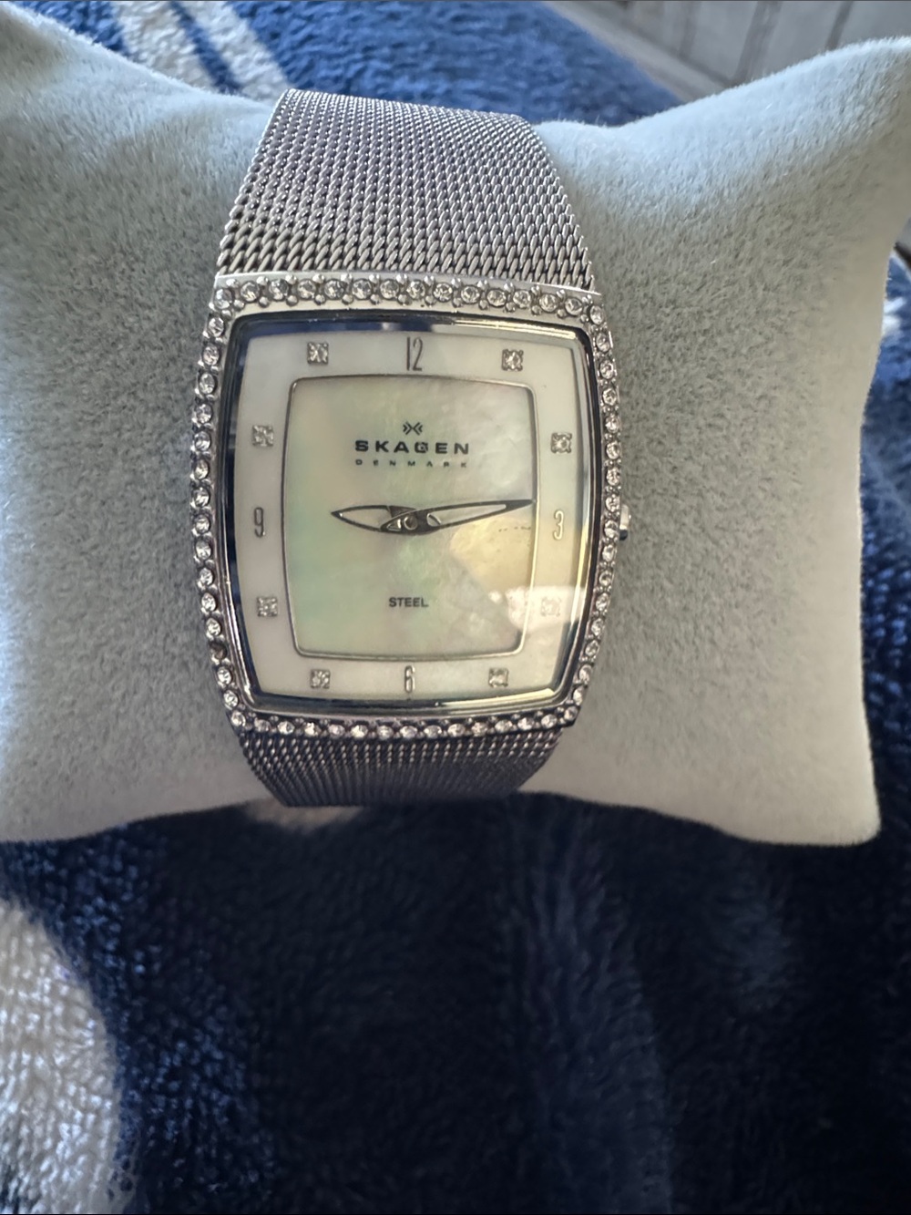 Skagen Silver Mesh Watch with Mother-of-Pearl Dial and Crystal Bezel